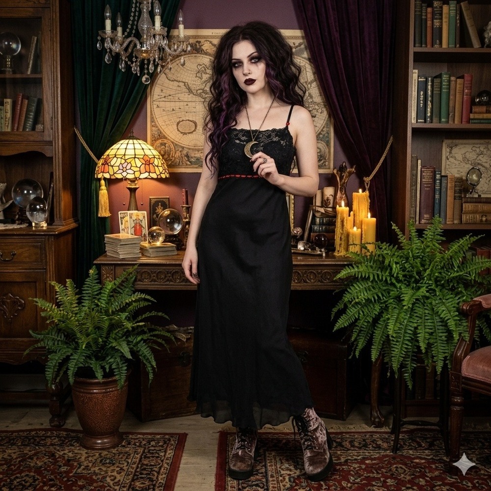 Cacique Black‎ Lace Midi Slip Dress 14/16 Goth Vamp Whimsigoth Romantic Whitchy